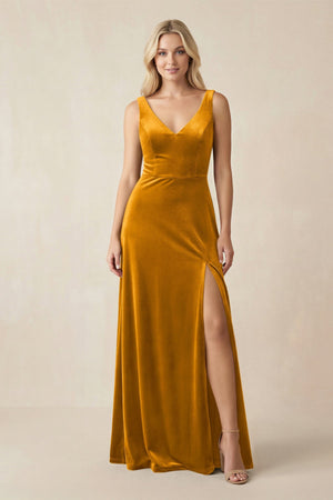 V - Neck A - Line Velvet Bridesmaid Dress in Gold - KISS BRIDAL Bridesmaid Dresses