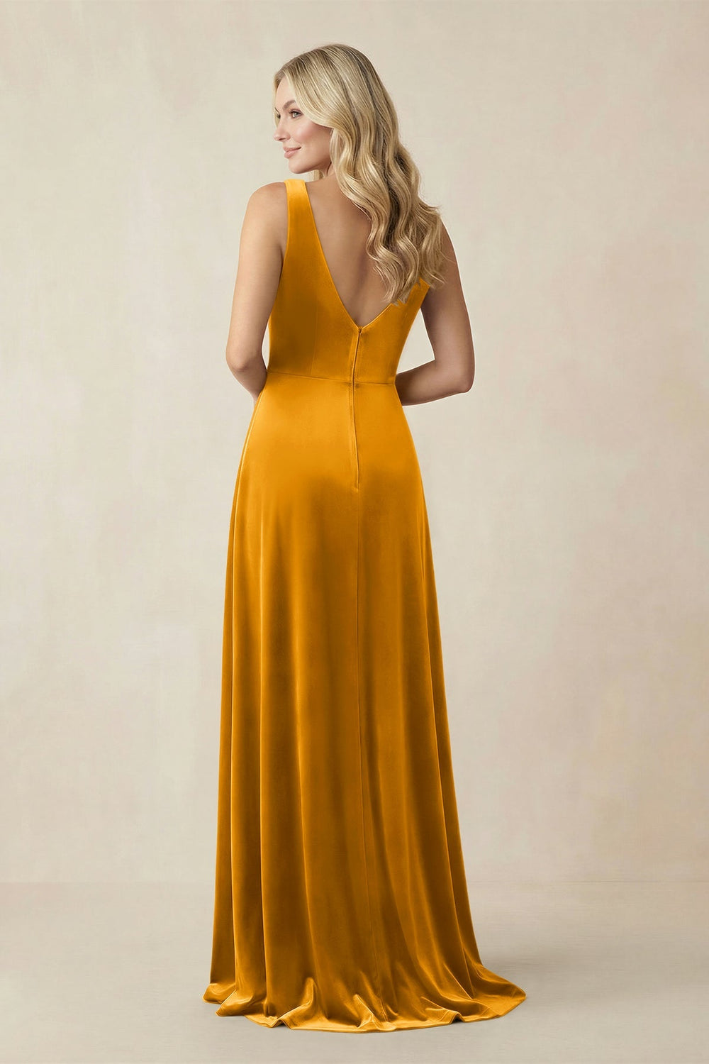 V - Neck A - Line Velvet Bridesmaid Dress in Gold - KISS BRIDAL Bridesmaid Dresses