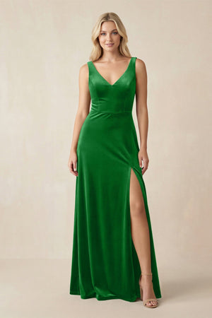 V - Neck A - Line Velvet Bridesmaid Dress in Green - KISS BRIDAL Bridesmaid Dresses