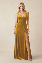 V - Neck A - Line Velvet Bridesmaid Dress in Marigold - KISS BRIDAL Bridesmaid Dresses