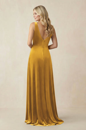 V - Neck A - Line Velvet Bridesmaid Dress in Marigold - KISS BRIDAL Bridesmaid Dresses