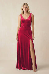 V - Neck A - Line Velvet Bridesmaid Dress in Merlot - KISS BRIDAL Bridesmaid Dresses