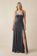 V - Neck A - Line Velvet Bridesmaid Dress in Neptune - KISS BRIDAL Bridesmaid Dresses