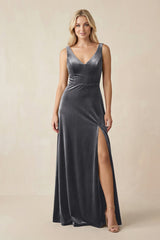 V - Neck A - Line Velvet Bridesmaid Dress in Neptune - KISS BRIDAL Bridesmaid Dresses