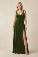 V - Neck A - Line Velvet Bridesmaid Dress in Olive - KISS BRIDAL Bridesmaid Dresses