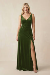 V - Neck A - Line Velvet Bridesmaid Dress in Olive - KISS BRIDAL Bridesmaid Dresses