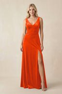 V - Neck A - Line Velvet Bridesmaid Dress in Orange - KISS BRIDAL Bridesmaid Dresses
