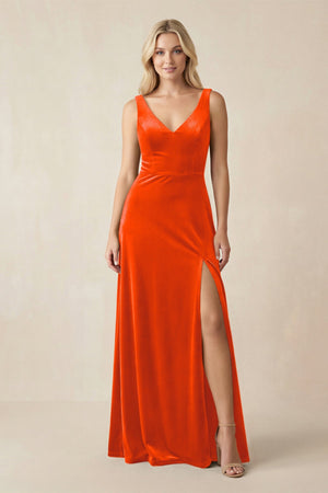 V - Neck A - Line Velvet Bridesmaid Dress in Orange - KISS BRIDAL Bridesmaid Dresses