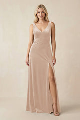 V - Neck A - Line Velvet Bridesmaid Dress in Pale Blush - KISS BRIDAL Bridesmaid Dresses