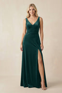 V - Neck A - Line Velvet Bridesmaid Dress in Pine - KISS BRIDAL Bridesmaid Dresses