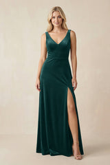 V - Neck A - Line Velvet Bridesmaid Dress in Pine - KISS BRIDAL Bridesmaid Dresses