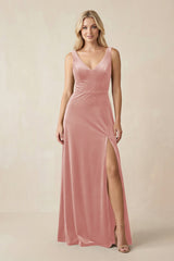 V - Neck A - Line Velvet Bridesmaid Dress in Rose Petal - KISS BRIDAL Bridesmaid Dresses