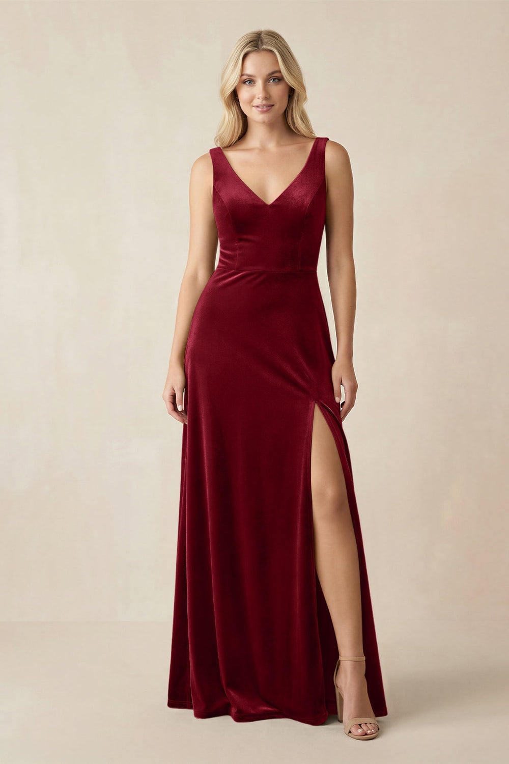 V - Neck A - Line Velvet Bridesmaid Dress in Rosewood - KISS BRIDAL Bridesmaid Dresses