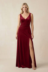 V - Neck A - Line Velvet Bridesmaid Dress in Rosewood - KISS BRIDAL Bridesmaid Dresses