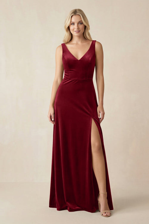 V - Neck A - Line Velvet Bridesmaid Dress in Rosewood - KISS BRIDAL Bridesmaid Dresses