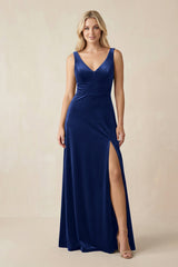 V - Neck A - Line Velvet Bridesmaid Dress in Royal Blue - KISS BRIDAL Bridesmaid Dresses
