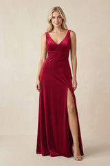 V - Neck A - Line Velvet Bridesmaid Dress in Ruby Red - KISS BRIDAL Bridesmaid Dresses