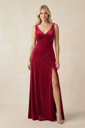 V - Neck A - Line Velvet Bridesmaid Dress in Ruby Red - KISS BRIDAL Bridesmaid Dresses