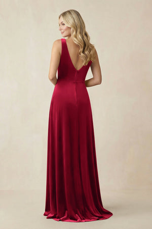 V - Neck A - Line Velvet Bridesmaid Dress in Ruby Red - KISS BRIDAL Bridesmaid Dresses