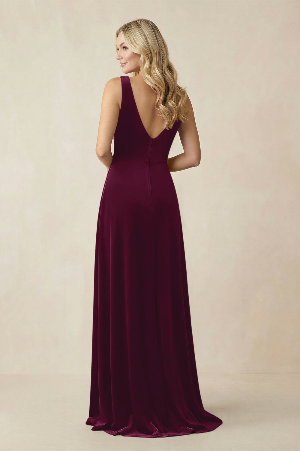 V - Neck A - Line Velvet Bridesmaid Dress in Sangria - KISS BRIDAL Bridesmaid Dresses