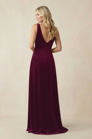 V - Neck A - Line Velvet Bridesmaid Dress in Sangria - KISS BRIDAL Bridesmaid Dresses