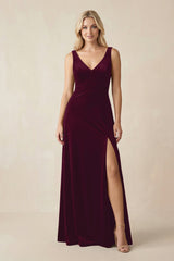 V - Neck A - Line Velvet Bridesmaid Dress in Sangria - KISS BRIDAL Bridesmaid Dresses