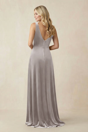 V - Neck A - Line Velvet Bridesmaid Dress in Silver - KISS BRIDAL Bridesmaid Dresses