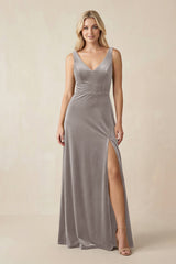 V - Neck A - Line Velvet Bridesmaid Dress in Silver - KISS BRIDAL Bridesmaid Dresses