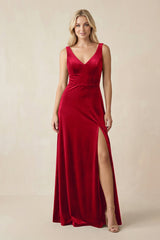 V - Neck A - Line Velvet Bridesmaid Dress in Spice - KISS BRIDAL Bridesmaid Dresses