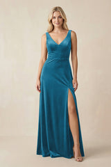 V - Neck A - Line Velvet Bridesmaid Dress in Steel Blue - KISS BRIDAL Bridesmaid Dresses