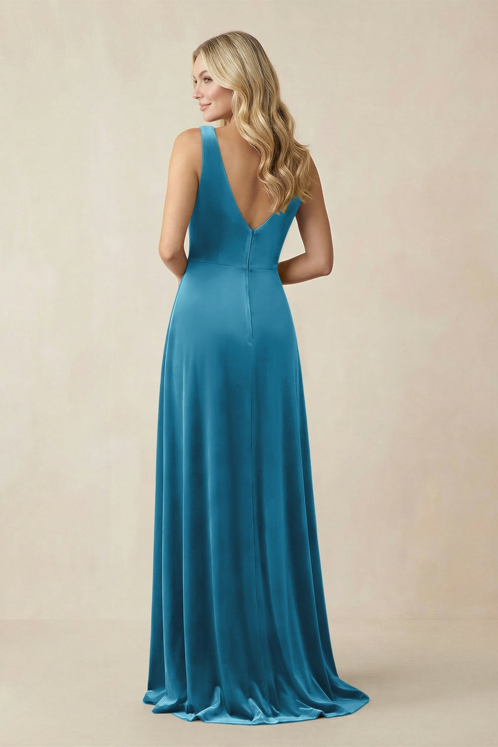 V - Neck A - Line Velvet Bridesmaid Dress in Steel Blue - KISS BRIDAL Bridesmaid Dresses