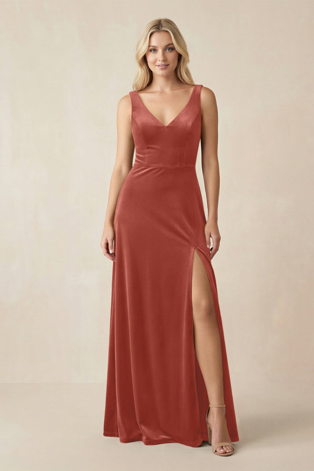 V - Neck A - Line Velvet Bridesmaid Dress in Terracotta - KISS BRIDAL Bridesmaid Dresses