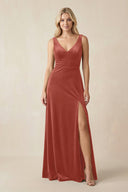 V - Neck A - Line Velvet Bridesmaid Dress in Terracotta - KISS BRIDAL Bridesmaid Dresses