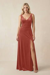V - Neck A - Line Velvet Bridesmaid Dress in Terracotta - KISS BRIDAL Bridesmaid Dresses