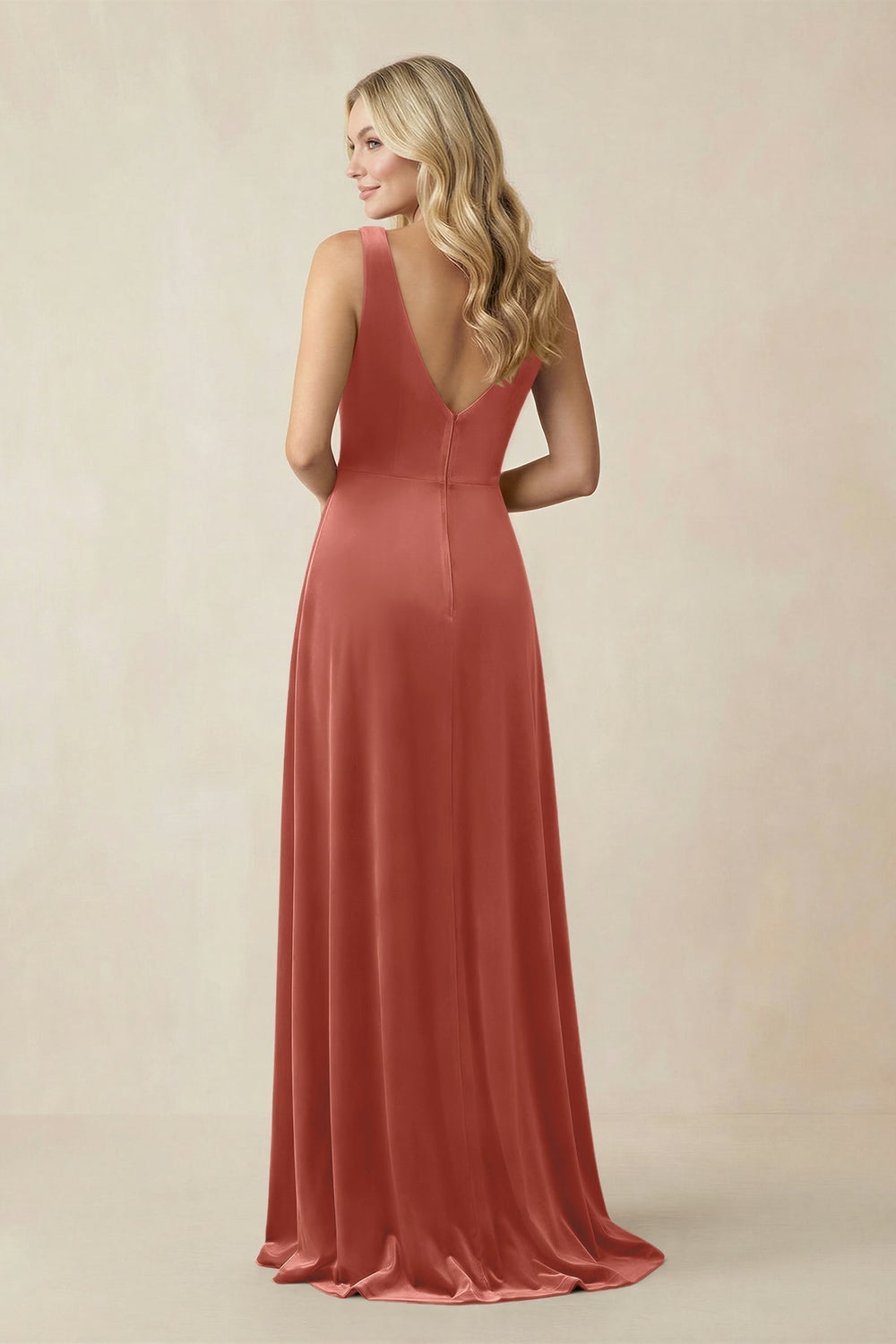 V - Neck A - Line Velvet Bridesmaid Dress in Terracotta - KISS BRIDAL Bridesmaid Dresses