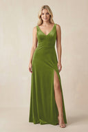 V - Neck A - Line Velvet Bridesmaid Dress in Thyme - KISS BRIDAL Bridesmaid Dresses