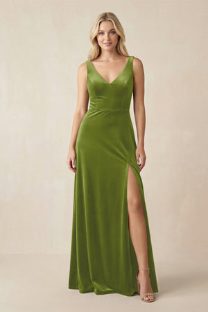 V - Neck A - Line Velvet Bridesmaid Dress in Thyme - KISS BRIDAL Bridesmaid Dresses