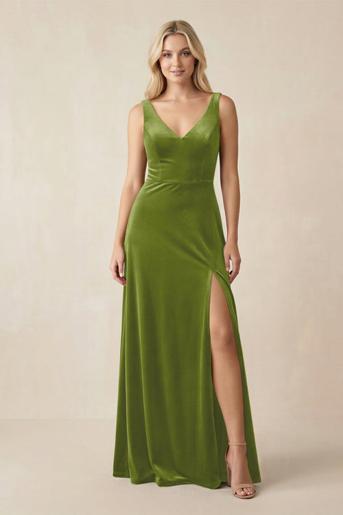 V - Neck A - Line Velvet Bridesmaid Dress in Thyme - KISS BRIDAL Bridesmaid Dresses