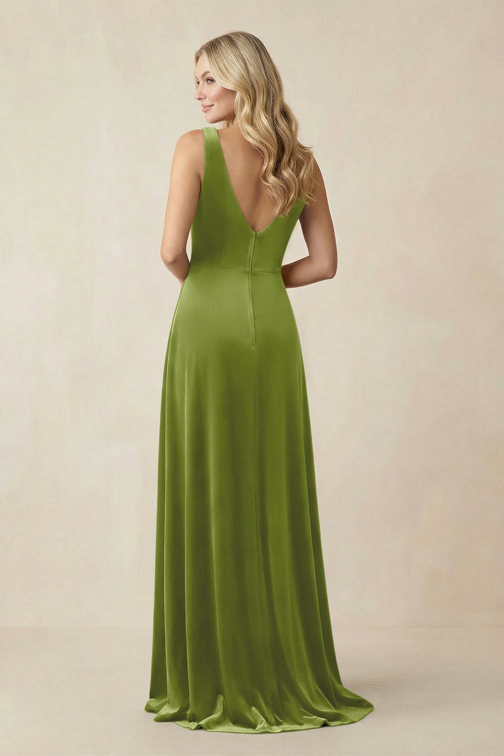 V - Neck A - Line Velvet Bridesmaid Dress in Thyme - KISS BRIDAL Bridesmaid Dresses