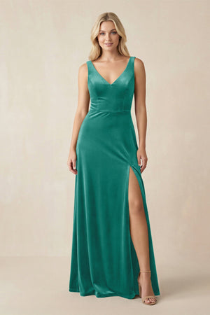 V - Neck A - Line Velvet Bridesmaid Dress in Turquoise - KISS BRIDAL Bridesmaid Dresses