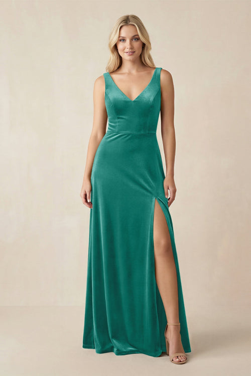 V - Neck A - Line Velvet Bridesmaid Dress in Turquoise - KISS BRIDAL Bridesmaid Dresses