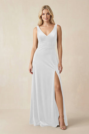 V - Neck A - Line Velvet Bridesmaid Dress in White - KISS BRIDAL Bridesmaid Dresses