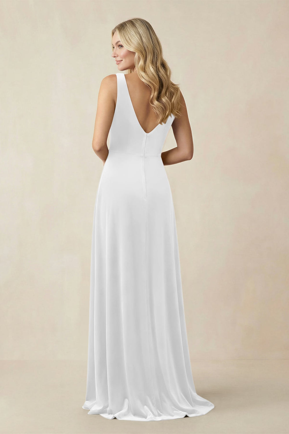 V - Neck A - Line Velvet Bridesmaid Dress in White - KISS BRIDAL Bridesmaid Dresses