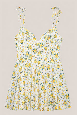 V - Neck A - Line Vintage Rose Printed Cotton Mini Dress in Yellow - SHE IS ME Dresses