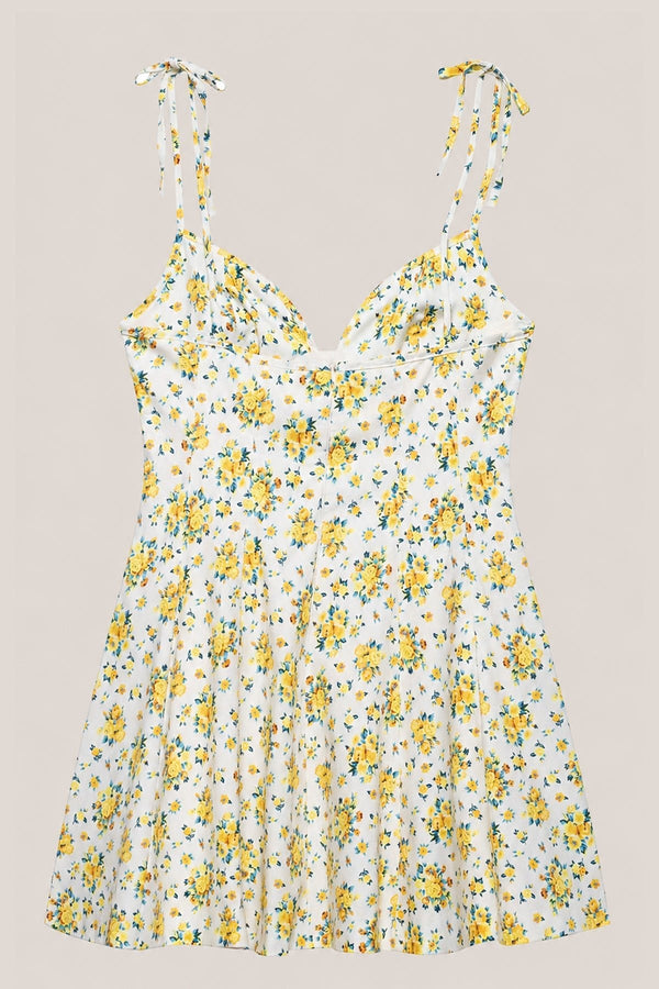 V - Neck A - Line Vintage Rose Printed Cotton Mini Dress in Yellow - SHE IS ME Dresses