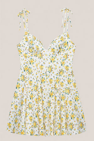 V - Neck A - Line Vintage Rose Printed Cotton Mini Dress in Yellow - SHE IS ME Dresses