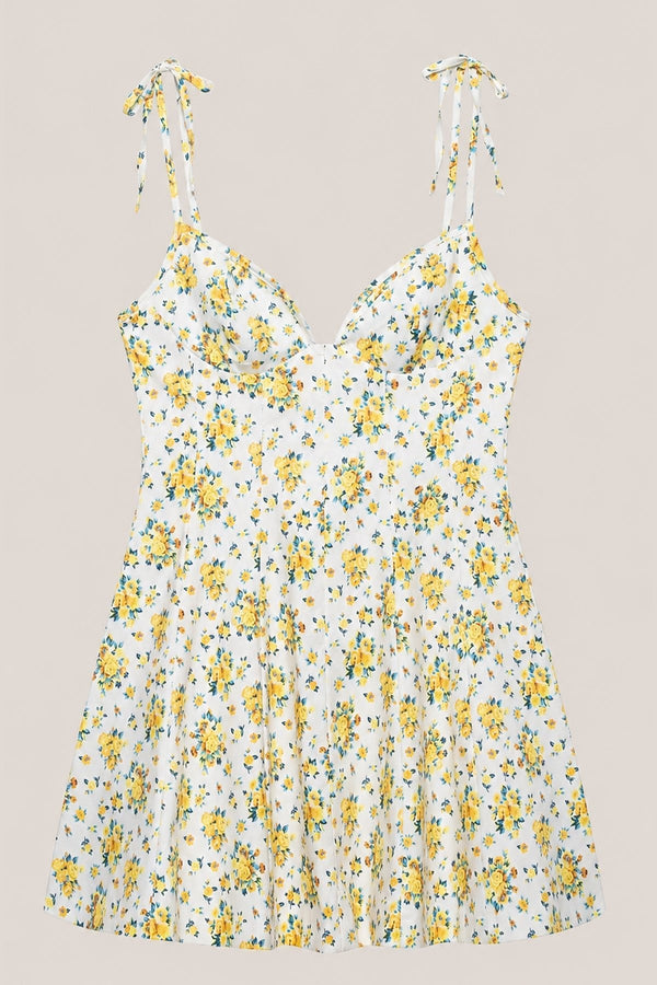 V - Neck A - Line Vintage Rose Printed Cotton Mini Dress in Yellow - SHE IS ME Dresses