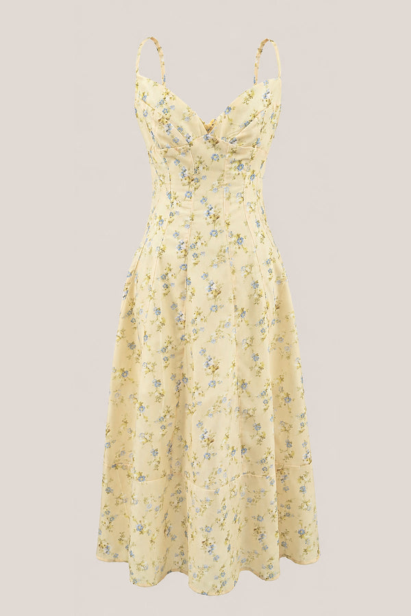 V-Neck A-Line Warm Rose Print Cotton Mini Dress in Yellow– SHE IS ME Dresses
