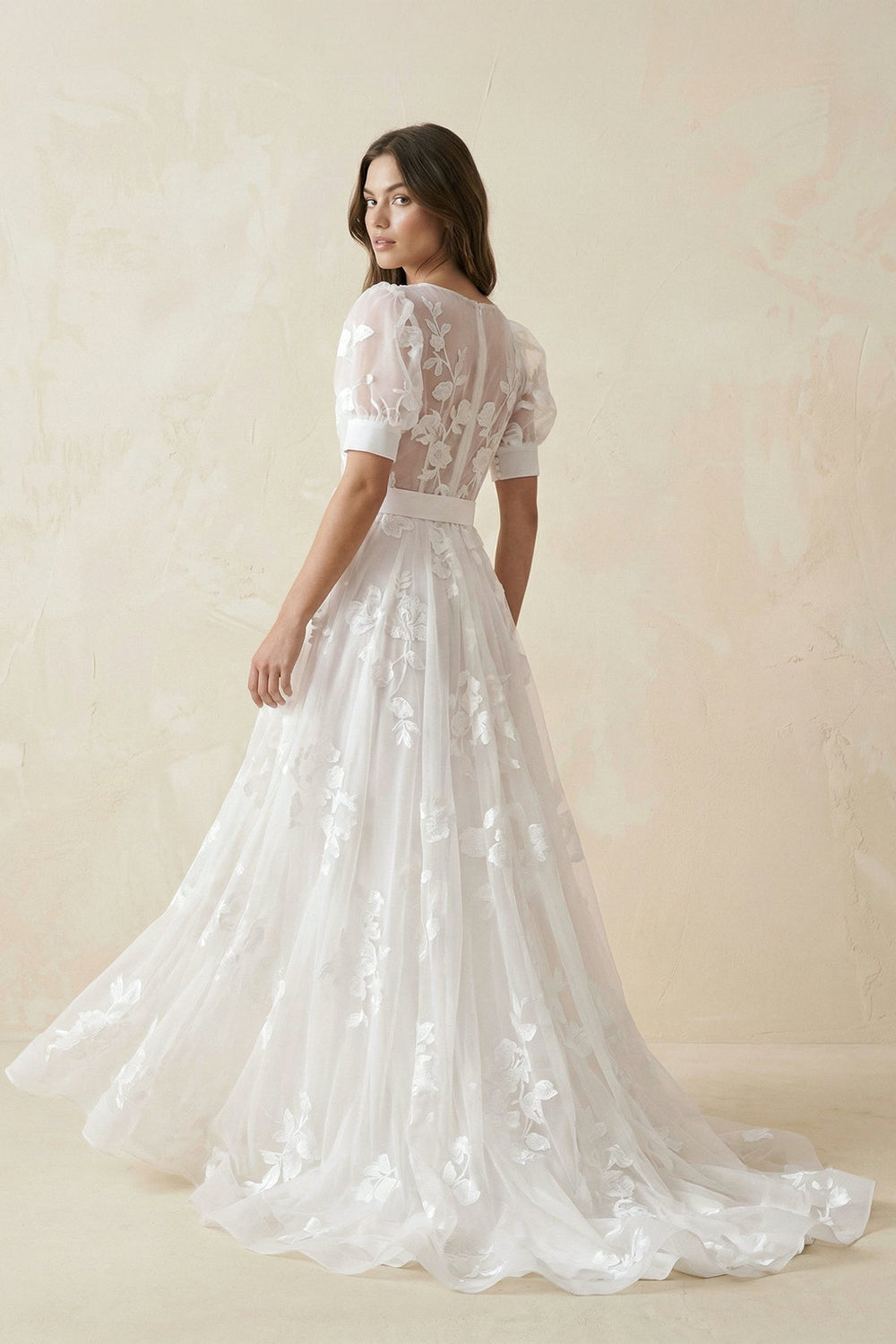 V - Neck Appliqued Tulle A - Line Wedding Dress With Belt in White - KISS BRIDAL Wedding Dresses
