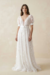 V - Neck Appliqued Tulle A - Line Wedding Dress With Belt in White - KISS BRIDAL Wedding Dresses